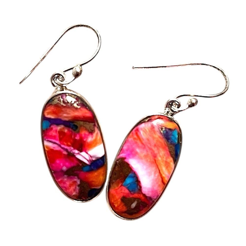 Artisan Sterling Silver Pink Dahlia Spiny Oyster Blue Turquoise Drop Earrings